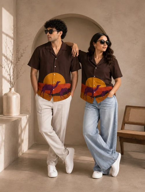 Brown Camel Printed Unisex Half Sleeves Shirt