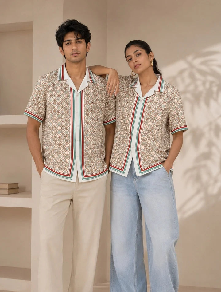 Cream Gucchi Printed Unisex Half Sleeves Shirt