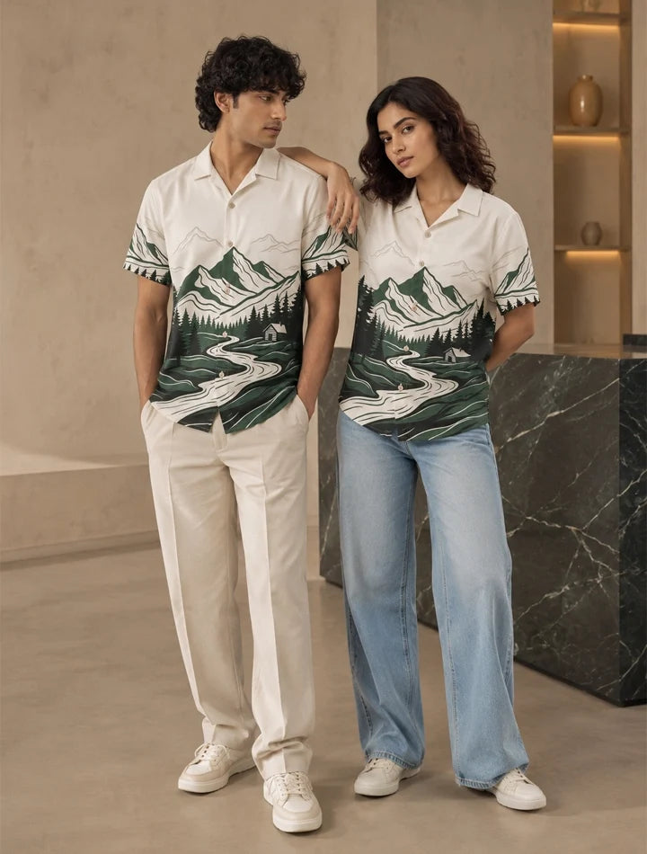 Green Scenery Printed Unisex Half Sleeves Shirt
