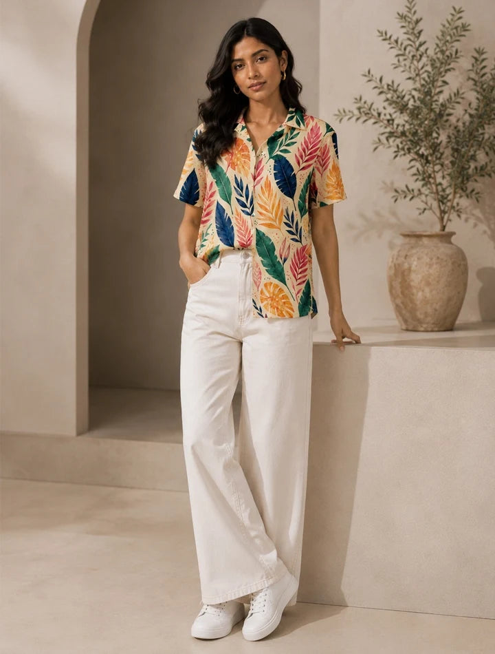 Multi Leaves Printed Unisex Half Sleeves Shirt