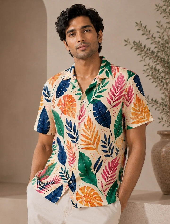 Multi Leaves Printed Unisex Half Sleeves Shirt