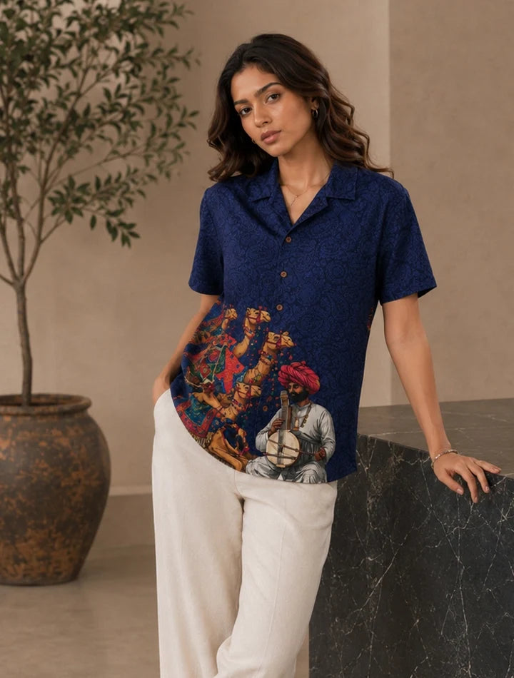 Navy Camel Printed Unisex Half Sleeves Shirt
