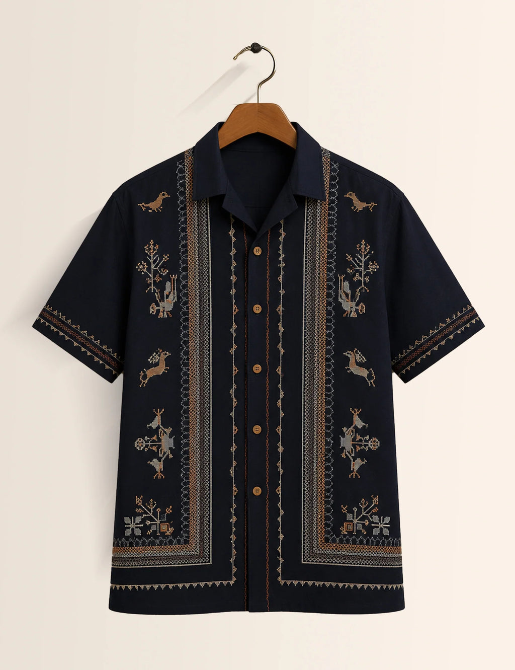 Navy Embroidery Printed Unisex Half Sleeves Shirt