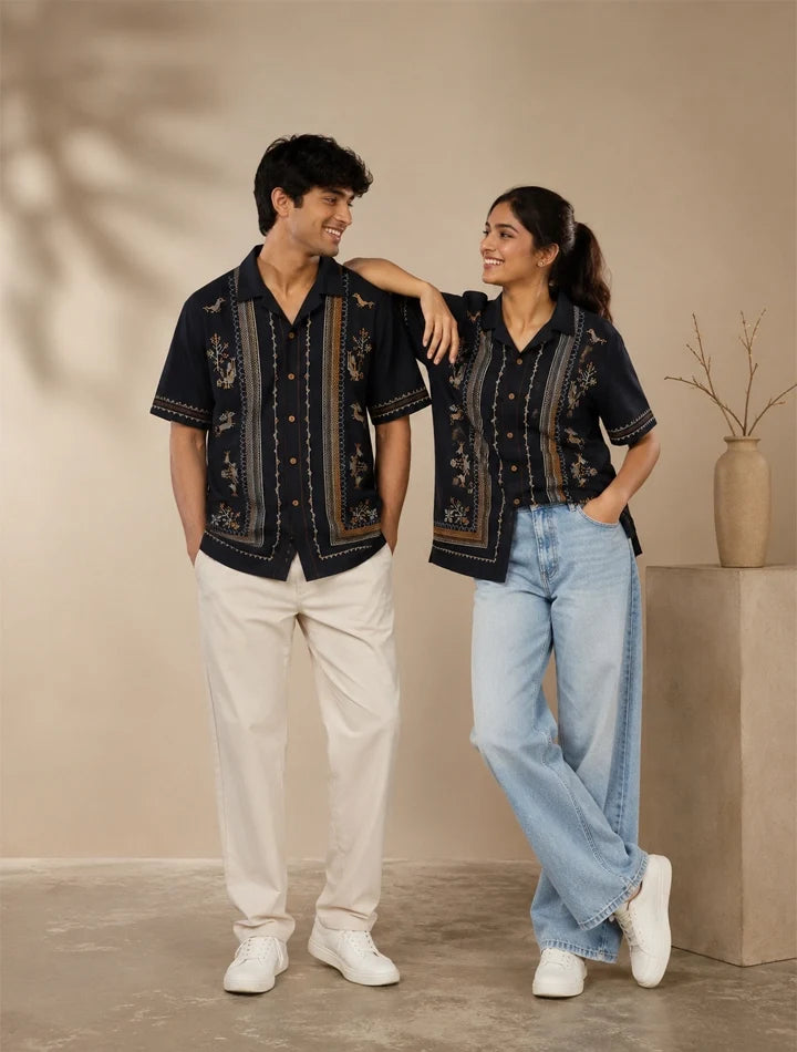Navy Embroidery Printed Unisex Half Sleeves Shirt