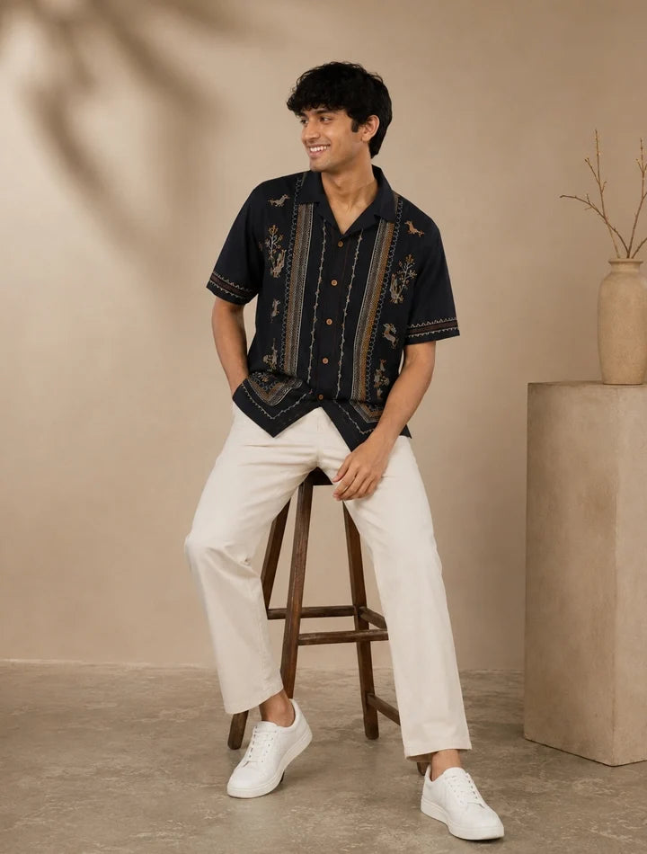 Navy Embroidery Printed Unisex Half Sleeves Shirt