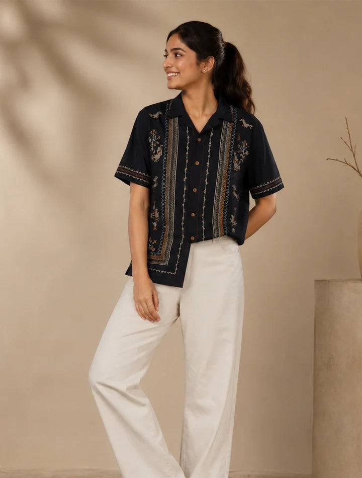 Navy Embroidery Printed Unisex Half Sleeves Shirt