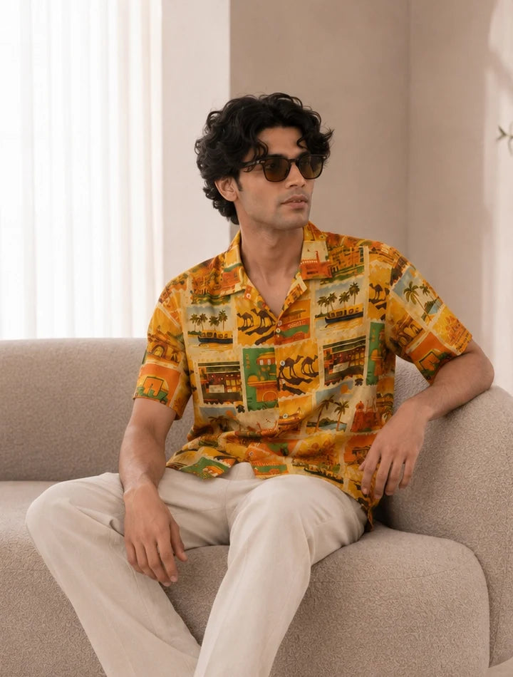 Yellow Printed Unisex Half Sleeves Shirt