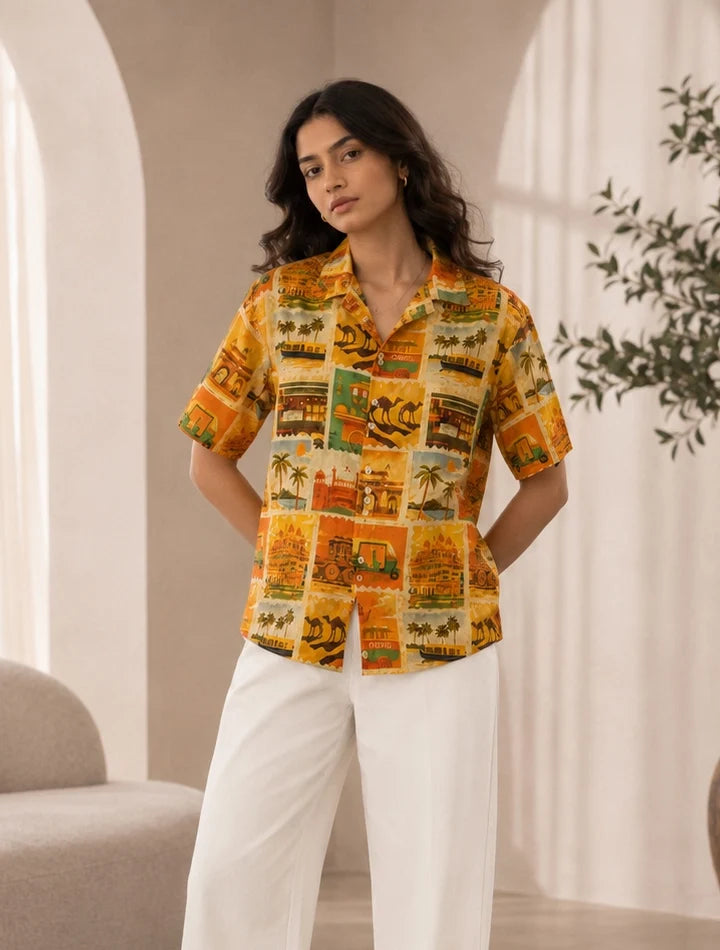 Yellow Printed Unisex Half Sleeves Shirt