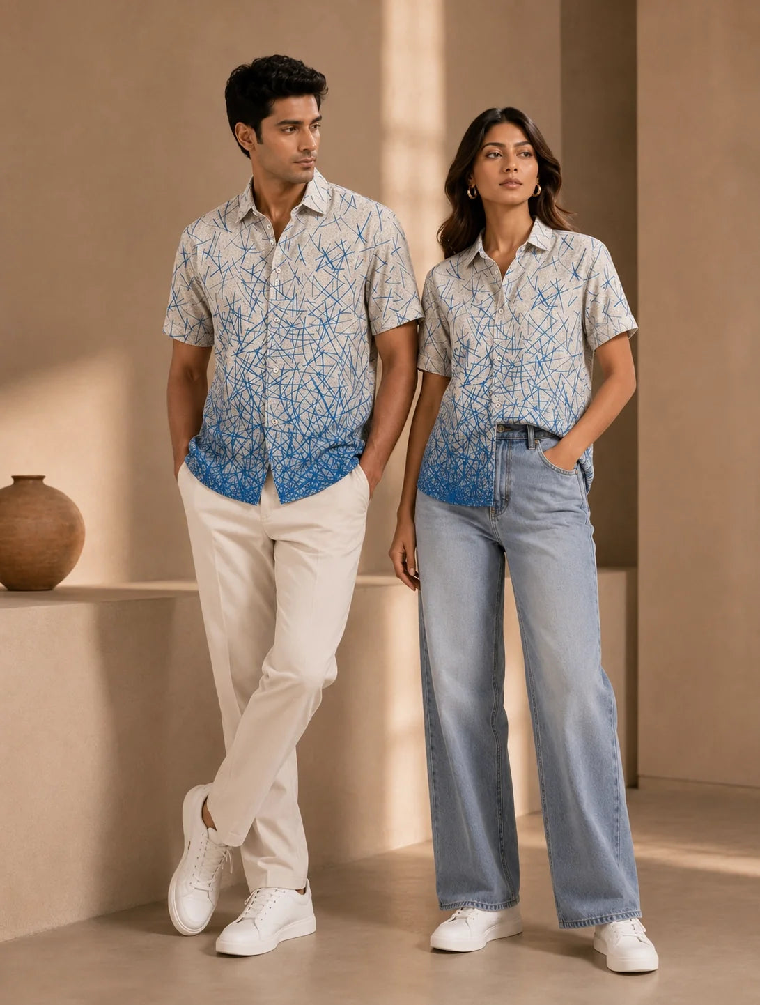 Cream Blue Scratch Printed Mens Half Sleeves Shirts Exclusive - XPST