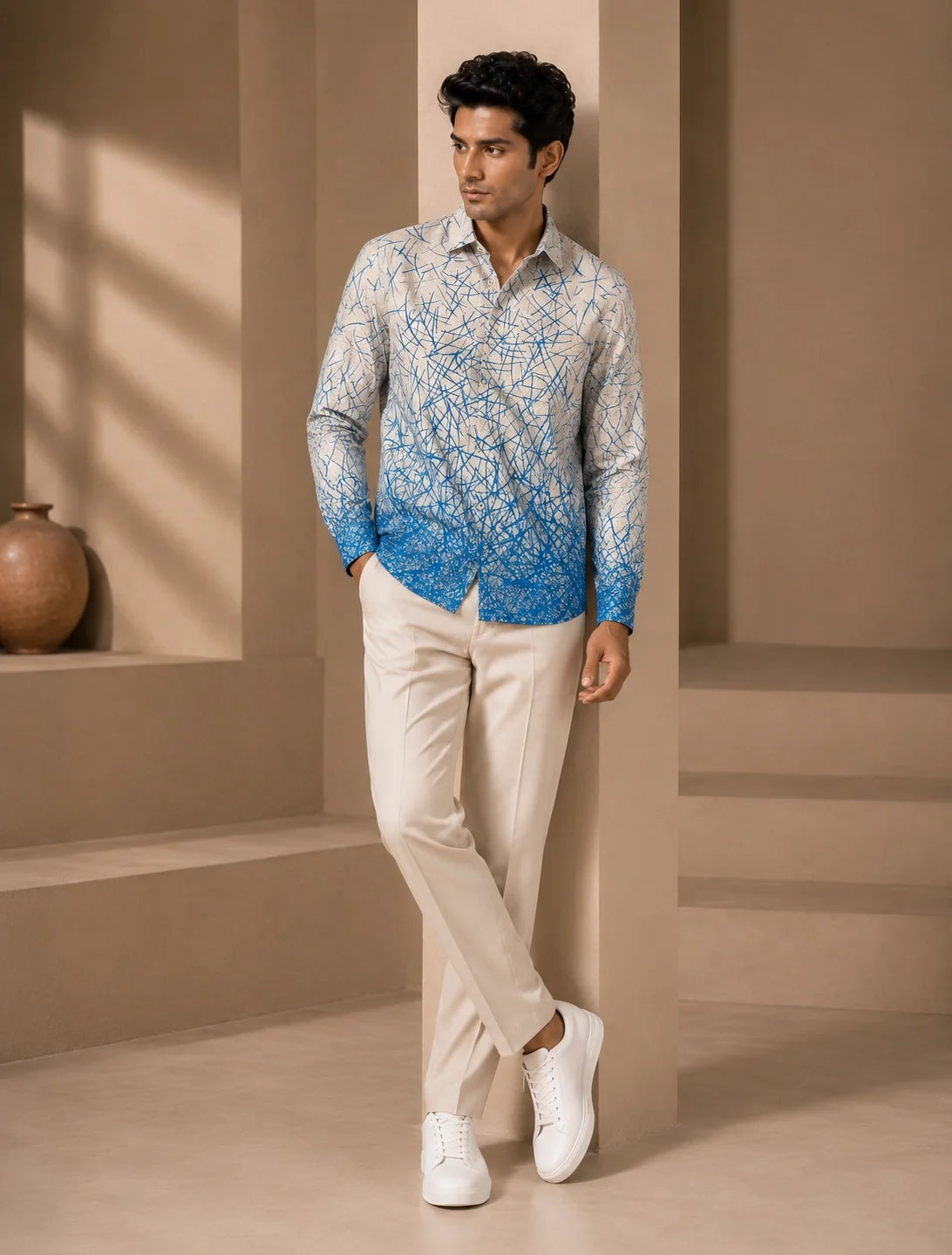 Cream Blue Scratch Printed Mens Half Sleeves Shirts Exclusive - XPST