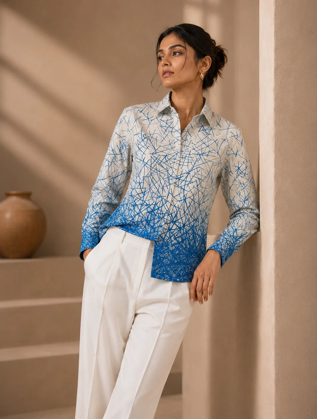 Cream Blue Scratch Printed Mens Half Sleeves Shirts Exclusive - XPST