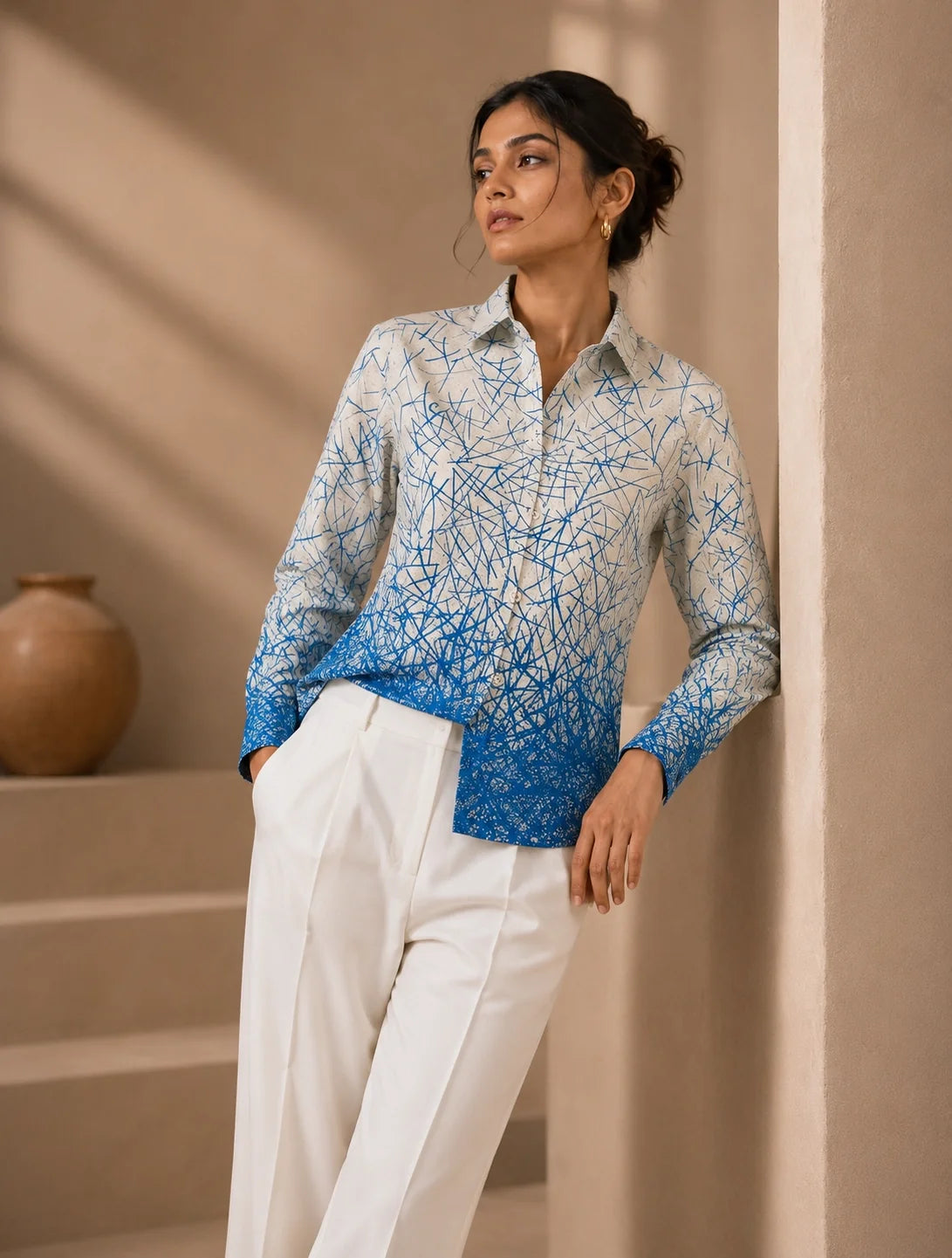 Cream Blue Scratch Printed Mens Half Sleeves Shirts Exclusive - XPST