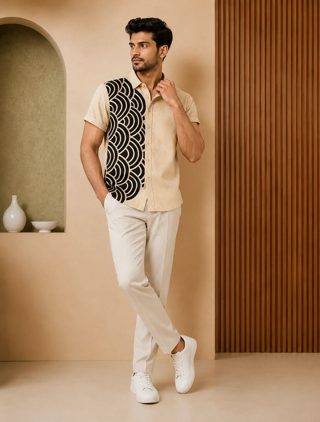 Cream Scales Printed Mens Half Sleeves Shirts Exclusive - XPST