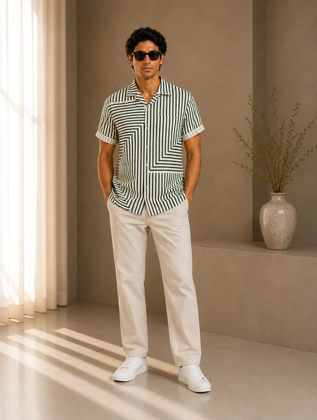 Cream Zigzag Printed Mens Half Sleeves Shirts Exclusive - XPST