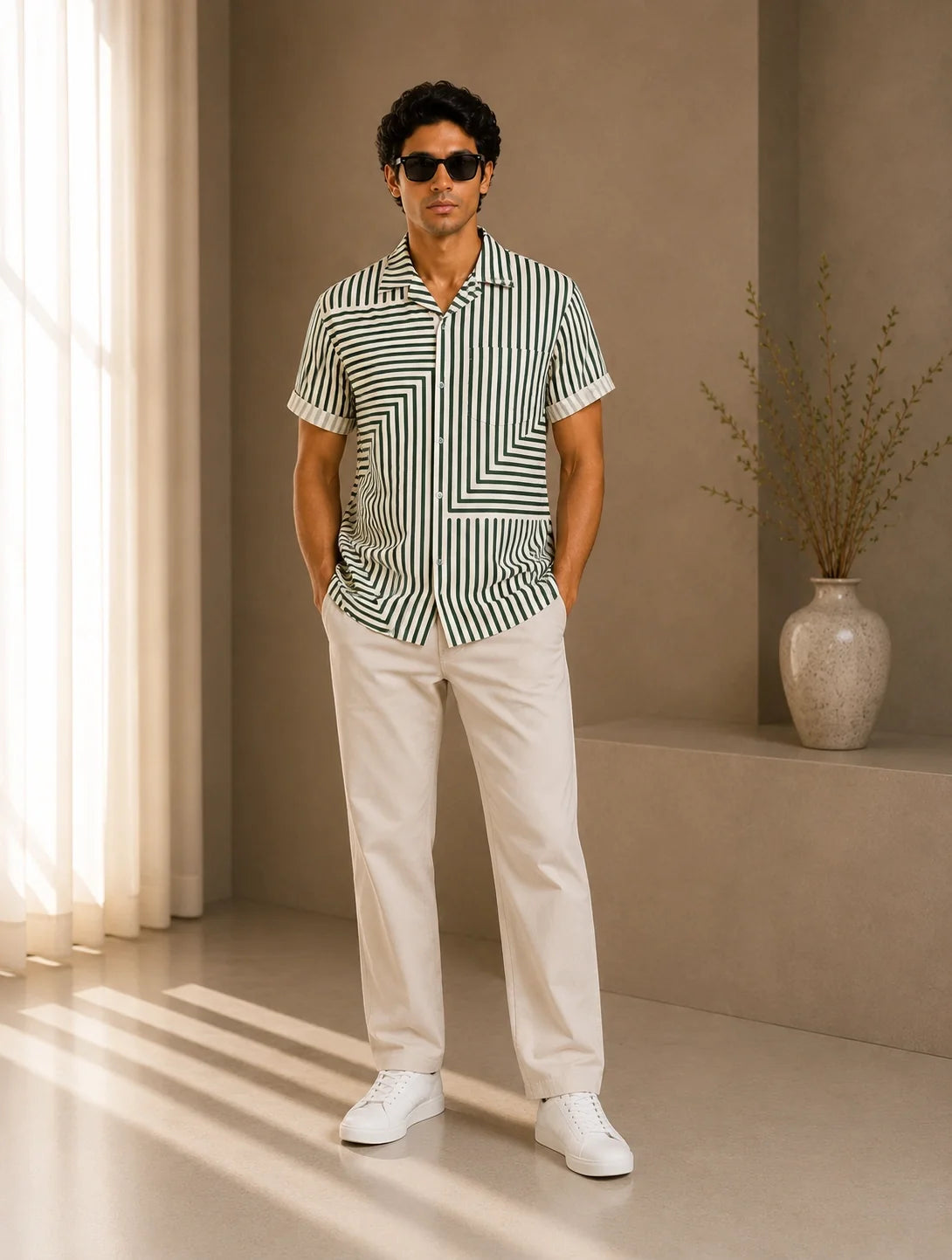 Cream Zigzag Printed Mens Half Sleeves Shirts Exclusive - XPST