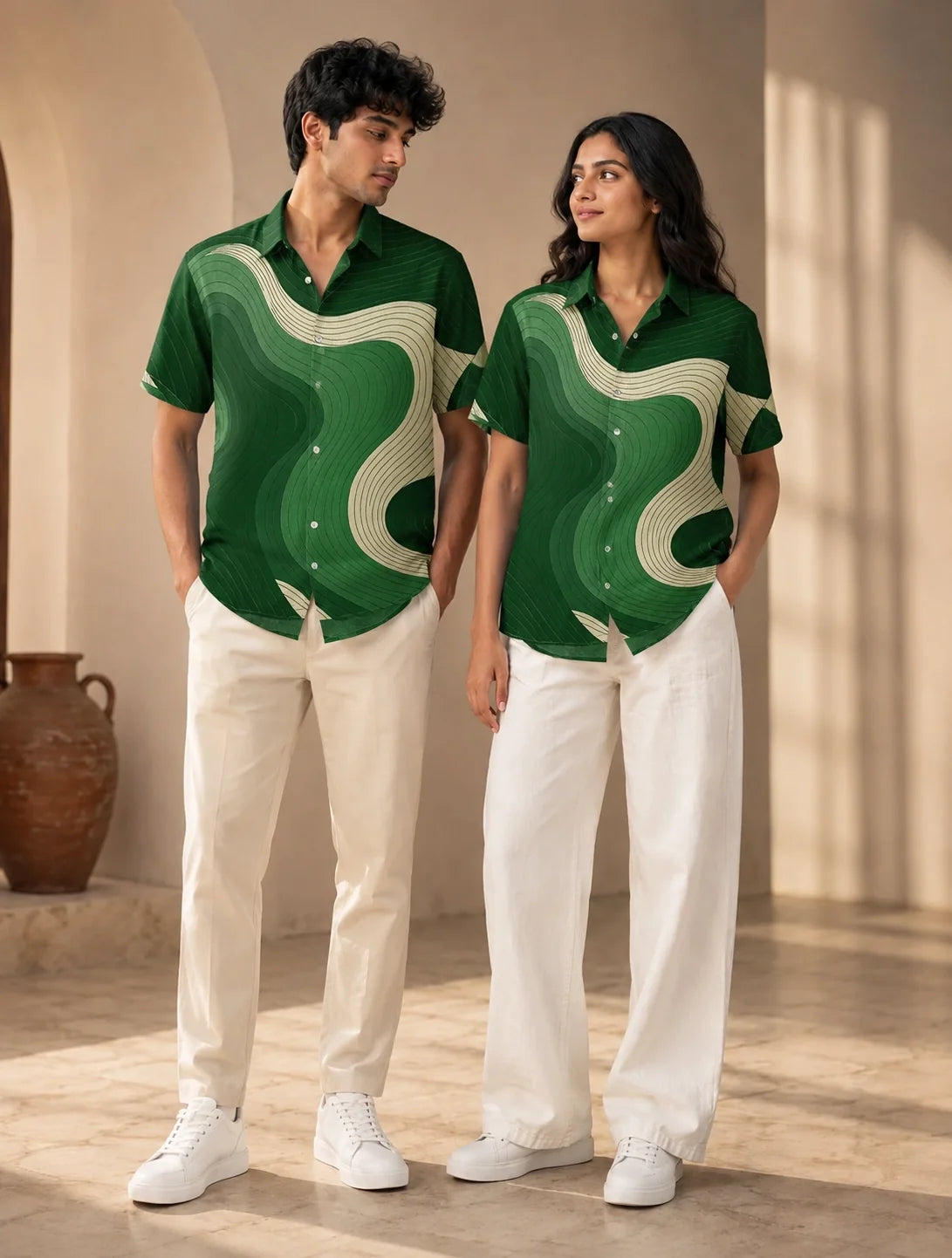 Dark Green Wavy Printed Mens Half Sleeves Shirts Exclusive - XPST