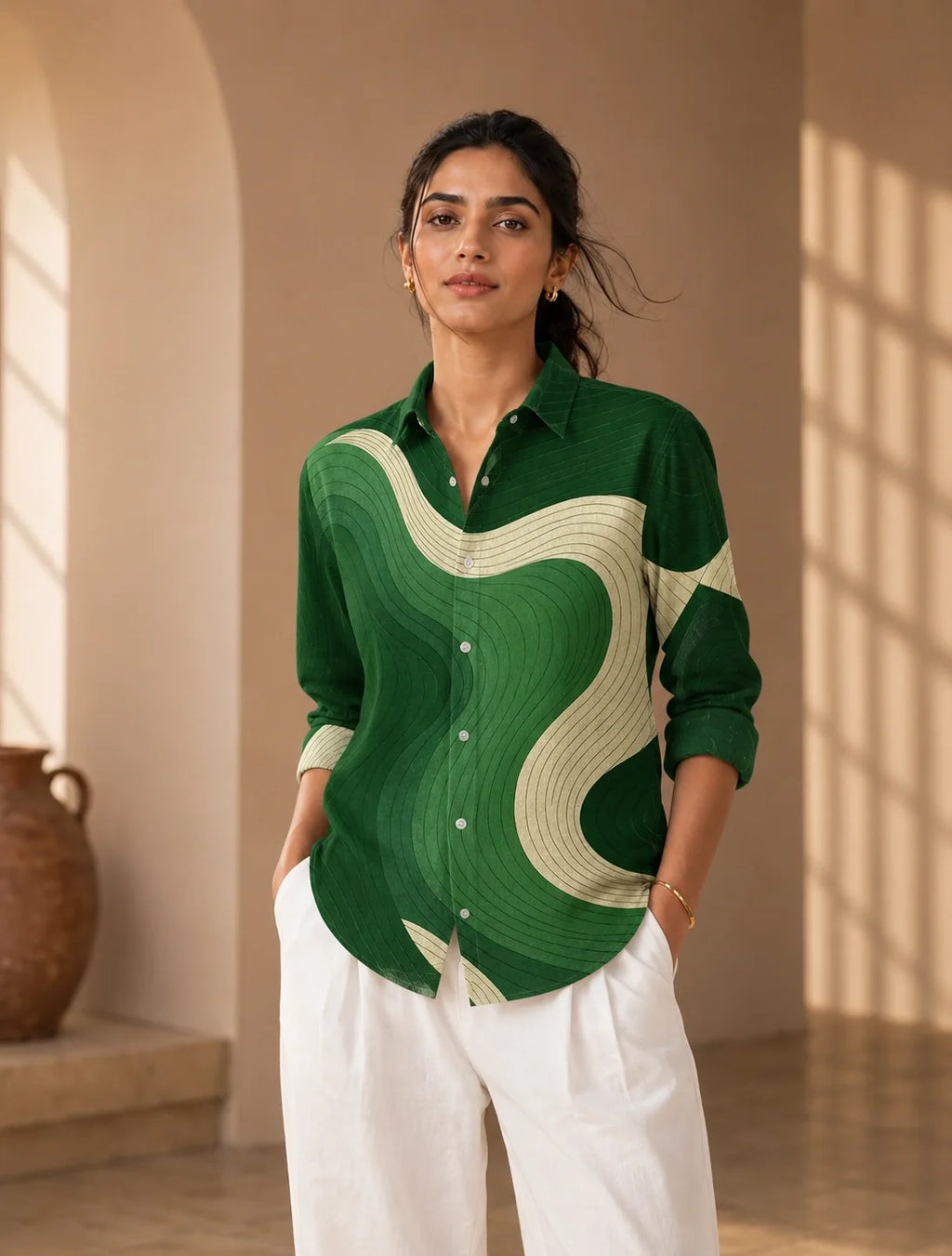 Dark Green Wavy Printed Mens Half Sleeves Shirts Exclusive - XPST