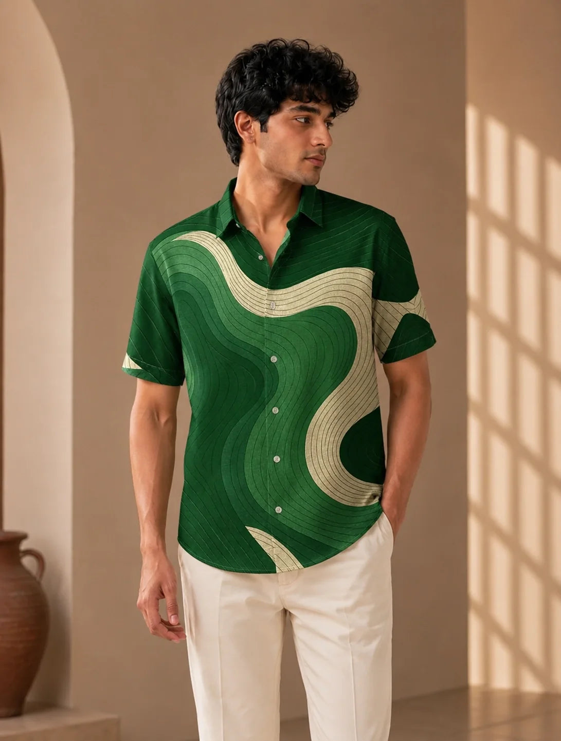 Dark Green Wavy Printed Mens Half Sleeves Shirts Exclusive - XPST