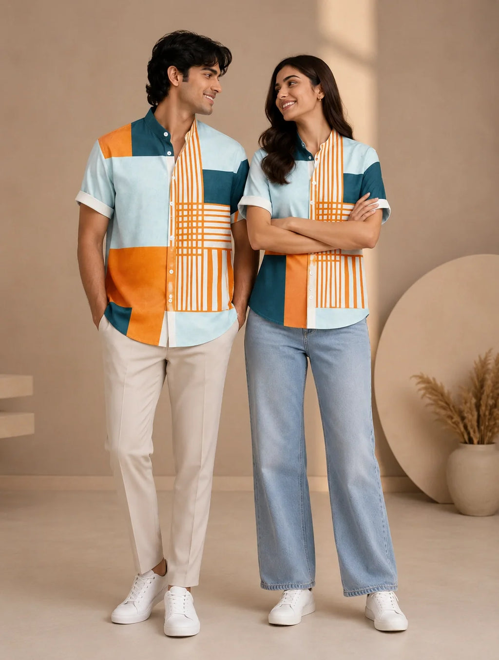 Orange Patchwork Printed Mens Half Sleeves Shirts Exclusive - XPST