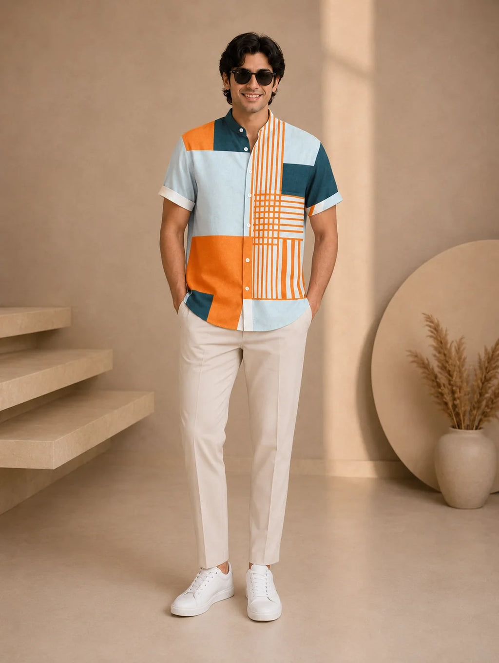 Orange Patchwork Printed Mens Half Sleeves Shirts Exclusive - XPST