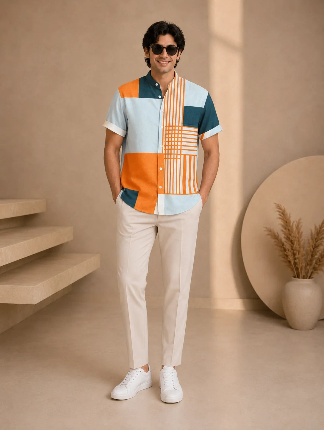 Orange Patchwork Printed Mens Half Sleeves Shirts Exclusive - XPST